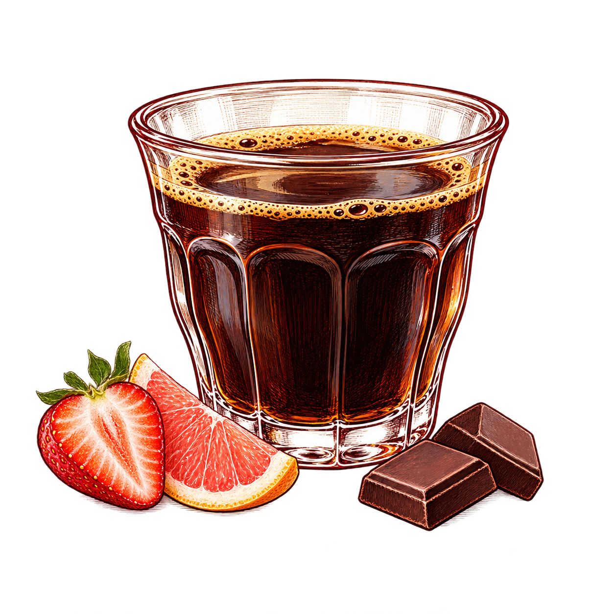 Illustration of filter coffee with strawberry, grapefruit and milk-chocolate tasting-note accents