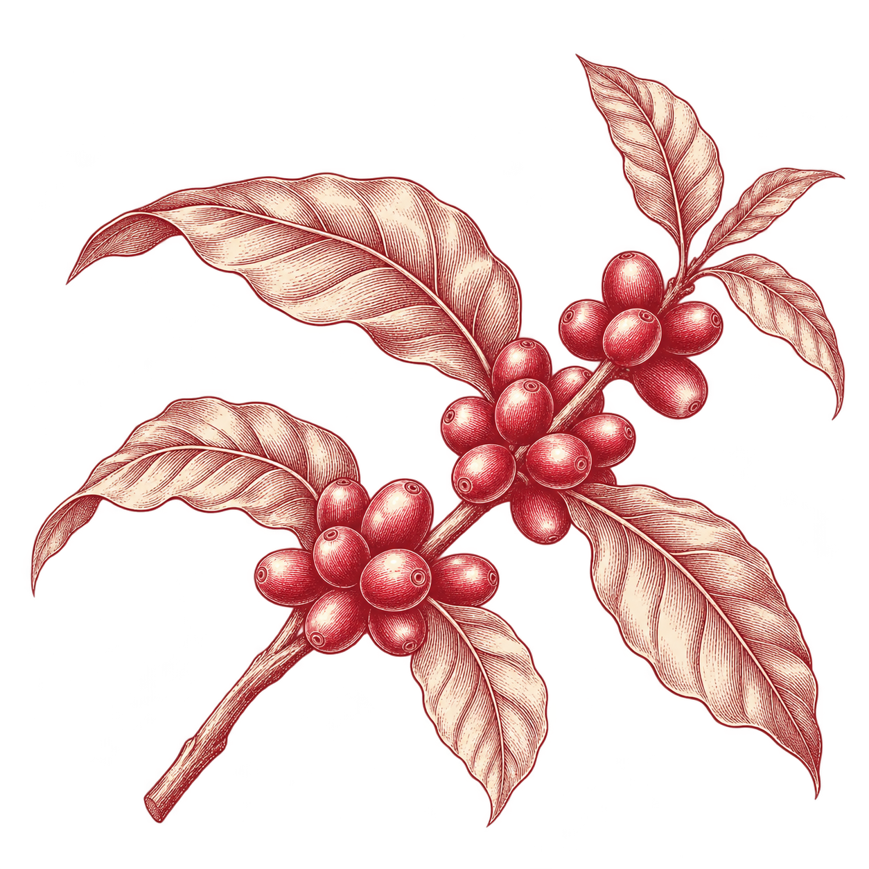 Burgundy illustration of a coffee branch with ripe cherries