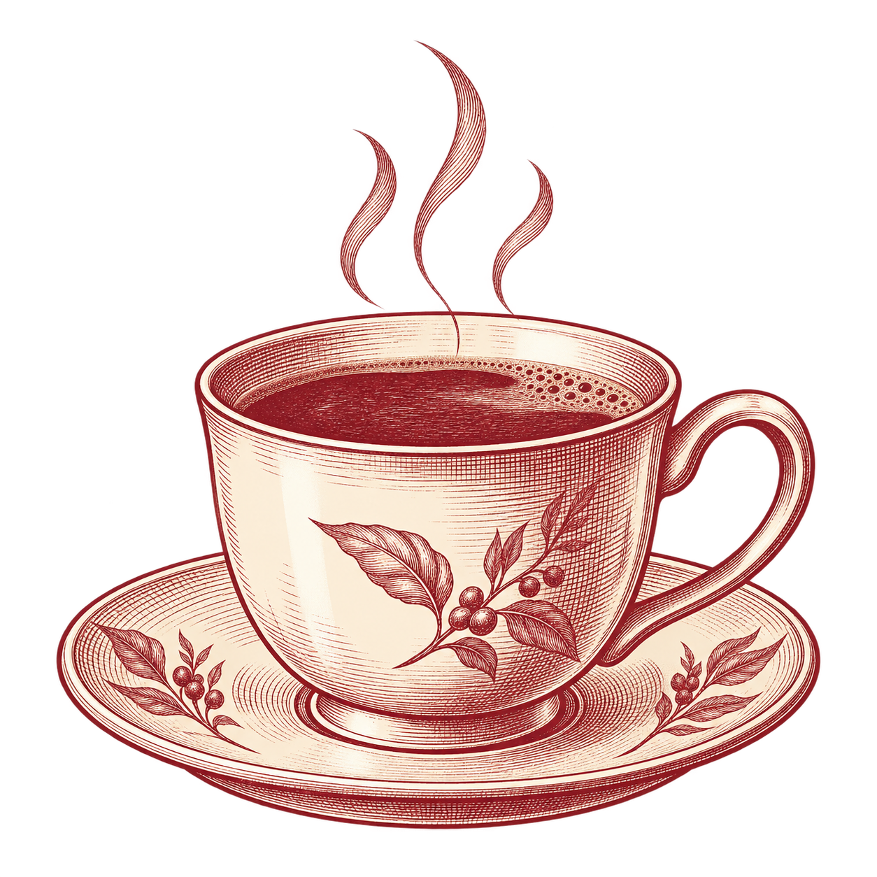 Burgundy illustration of a steaming coffee cup and saucer