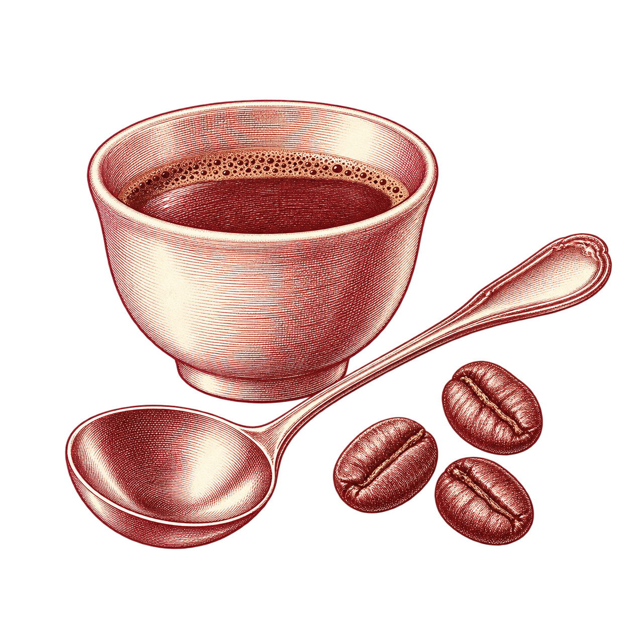 Engraved illustration of a coffee tasting cup and spoon