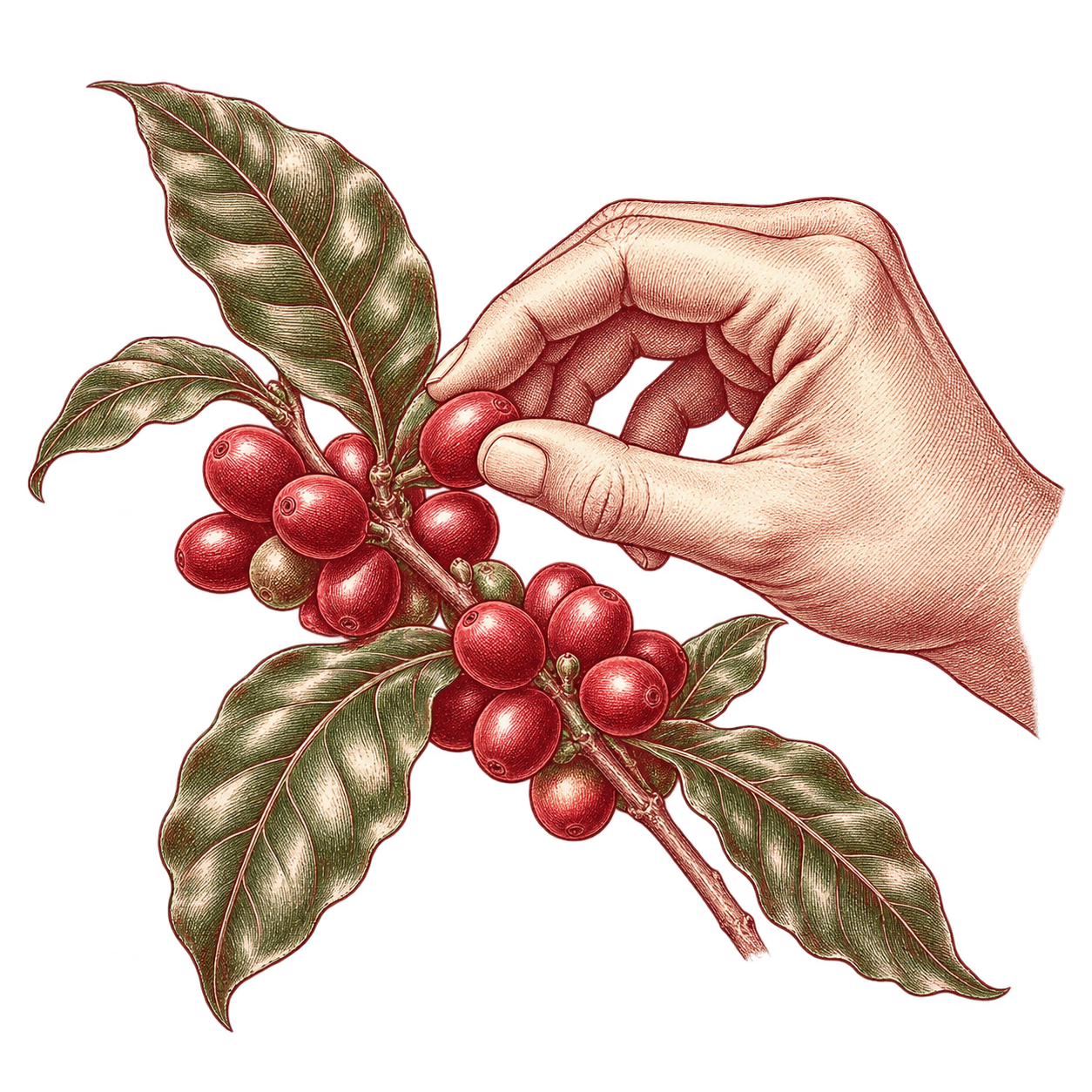 Engraved illustration of a hand picking ripe coffee cherries