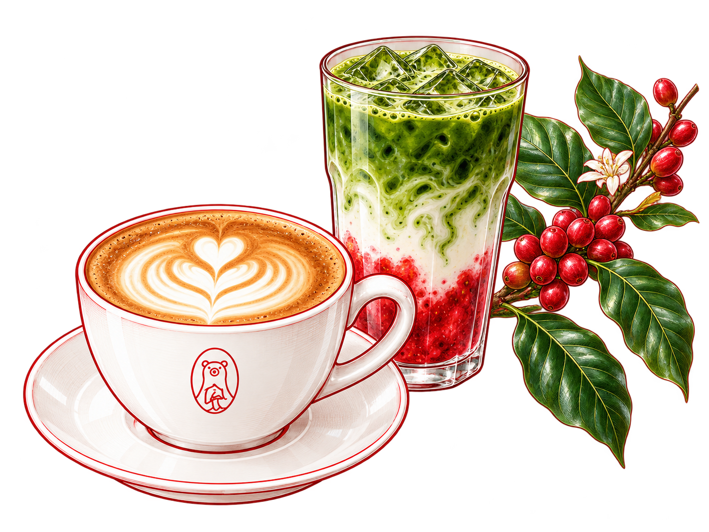 Illustrated cappuccino, strawberry matcha and coffee cherries