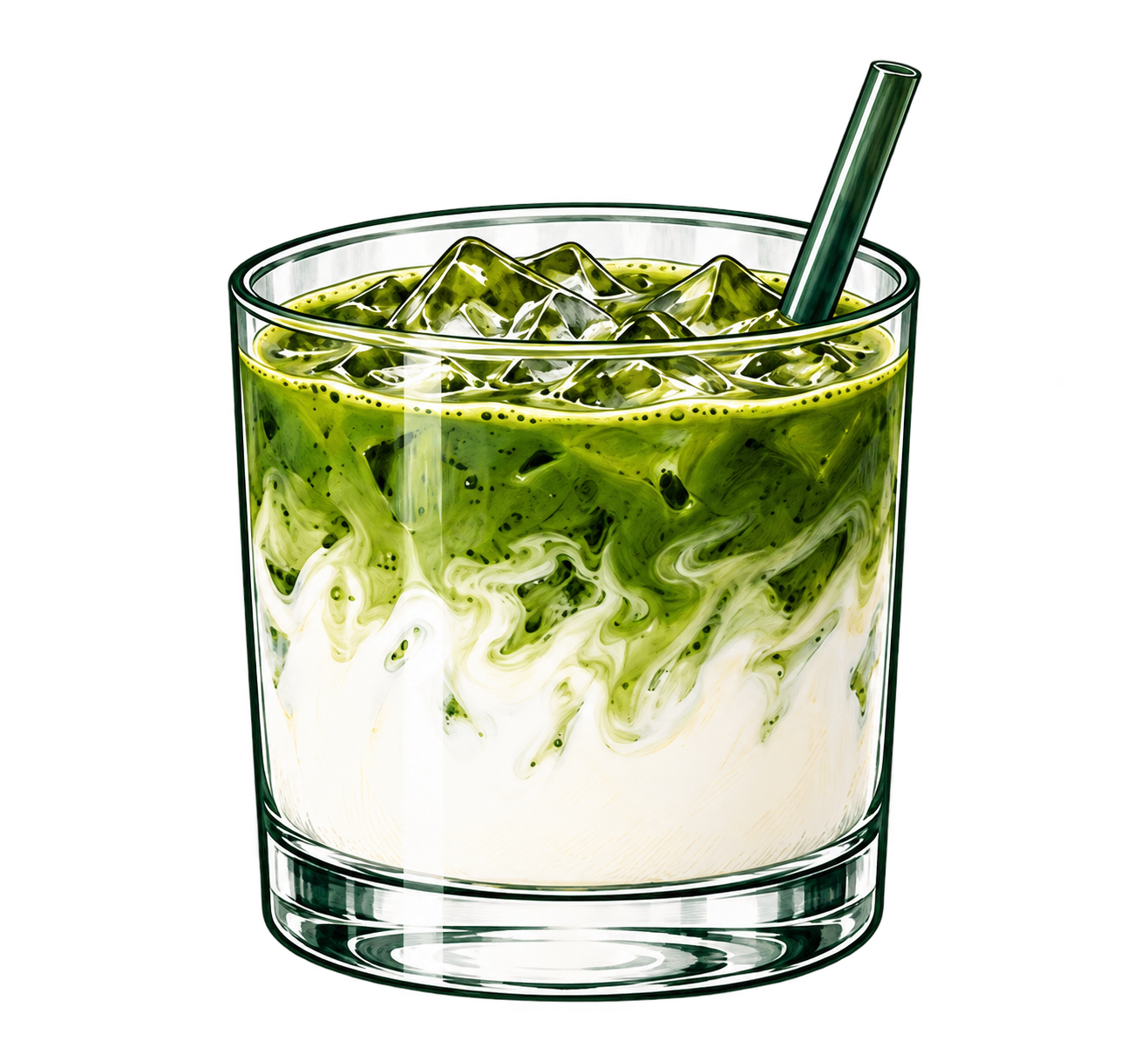 Illustration of an iced Japanese matcha latte in a low glass