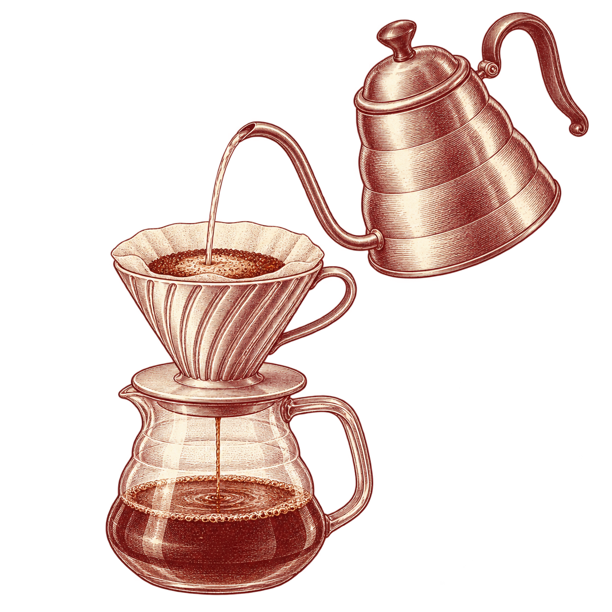 Engraved illustration of a gooseneck kettle brewing pour-over coffee