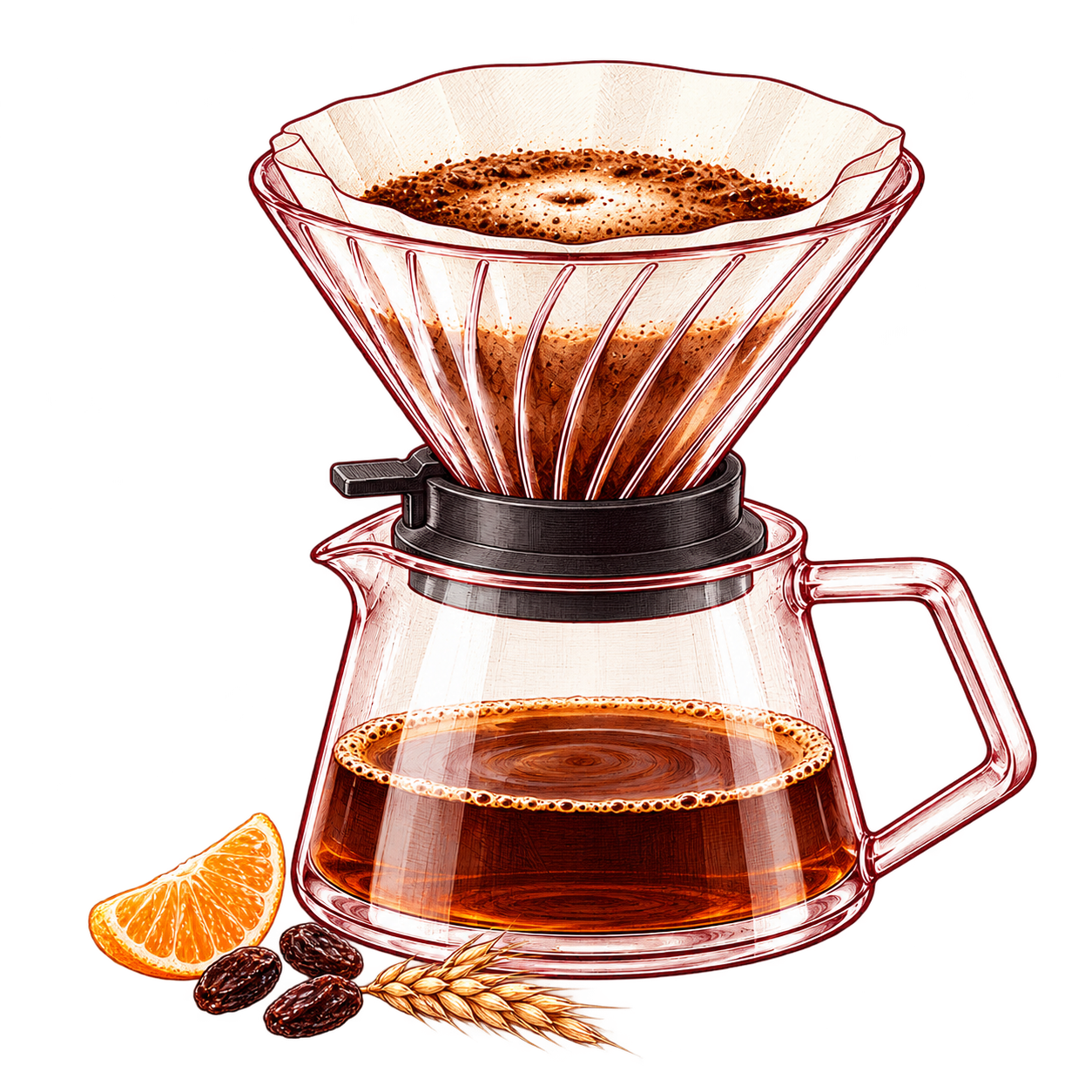 Illustration of a pour-over with tangerine, raisin and malt tasting-note accents