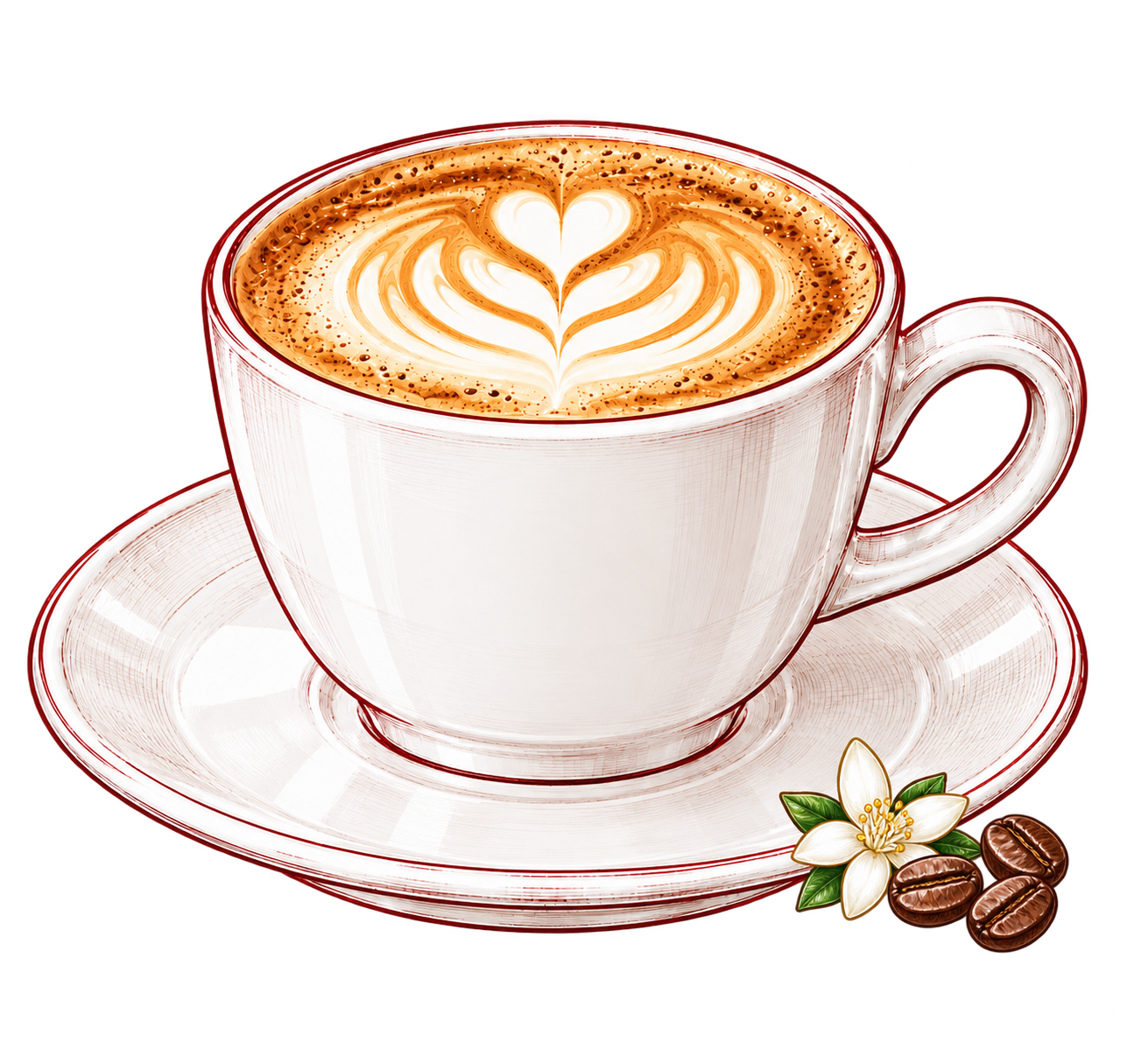 Illustration of a cappuccino with roasted beans and a coffee blossom