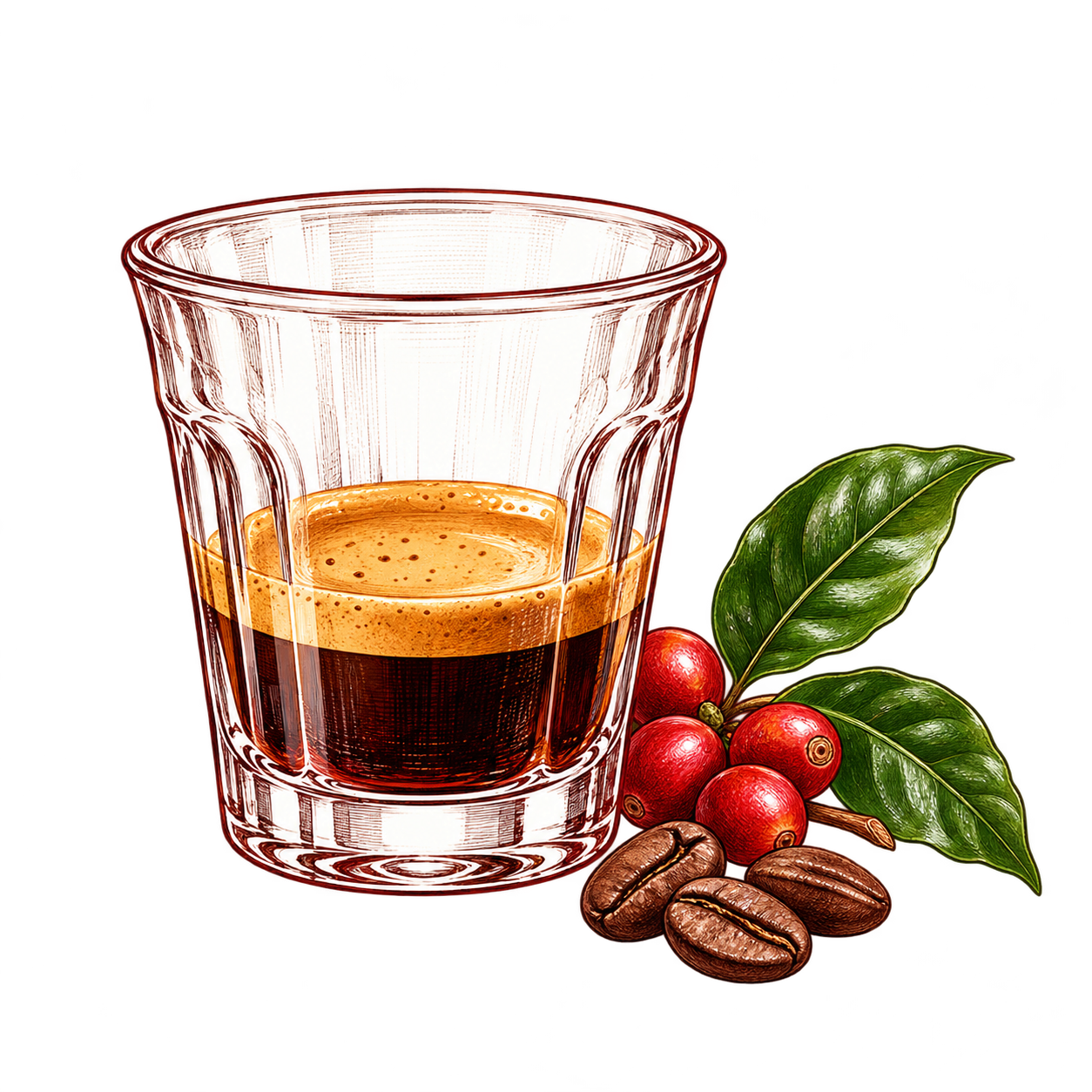 Illustration of espresso with a coffee branch and ripe cherries